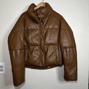 Apparis Womens Large Faux Leather Puffer Jacket Mock Neck Cropped Front Zip Fall